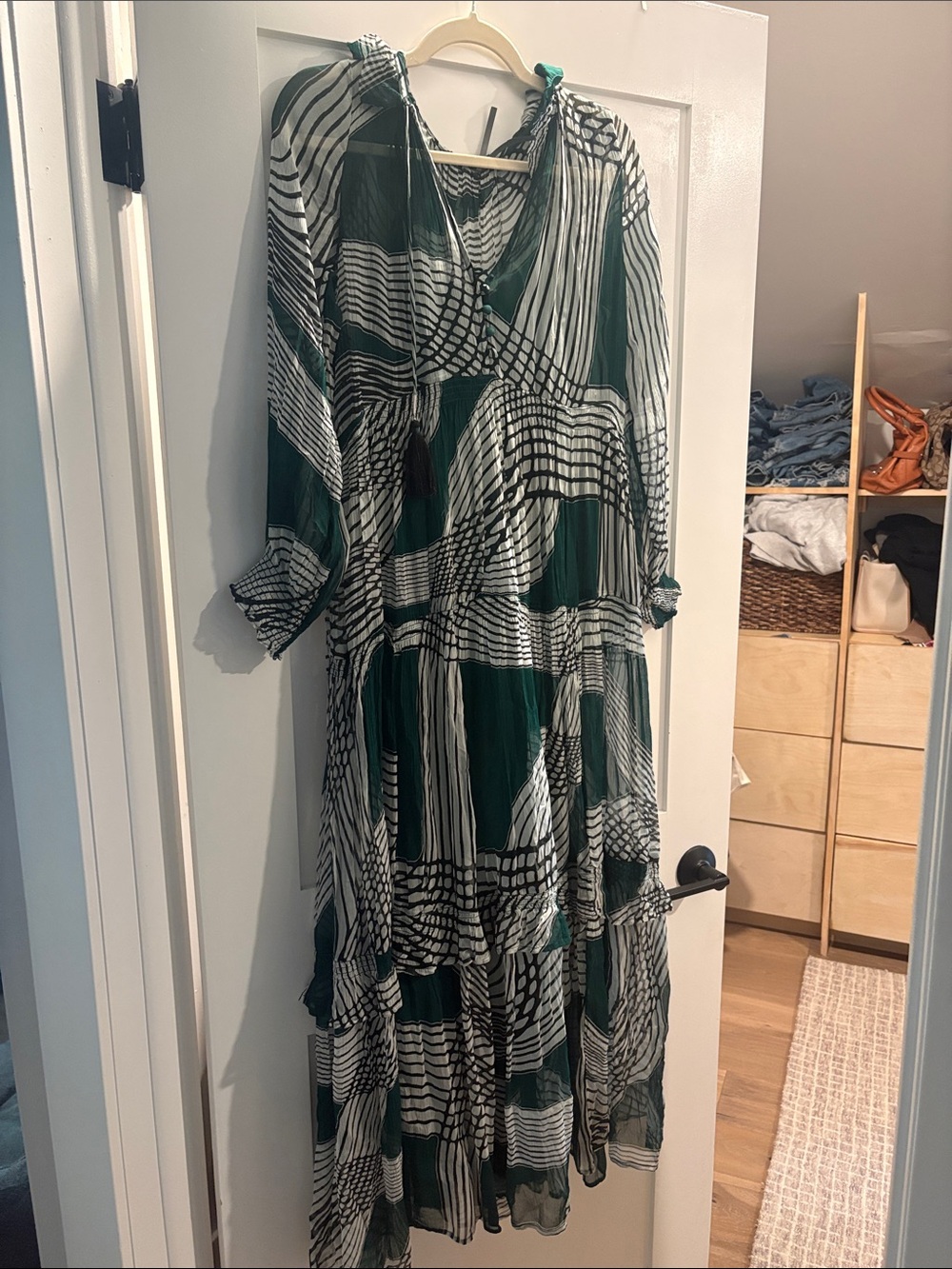 Anthropologie Green and White Abstract Tiered Maxi Dress